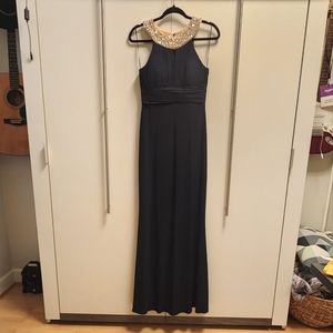Navy formal gown dress with stretchy fabric and flare bottom